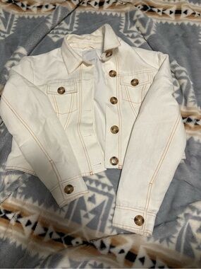 C/MEO Collective Cream Cropped Denim Jacket with Contrast Stitching